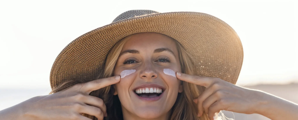 Hermosa mujer sonriente que se aplica protector solar en la cara mientras mira a la cámara en la playa
